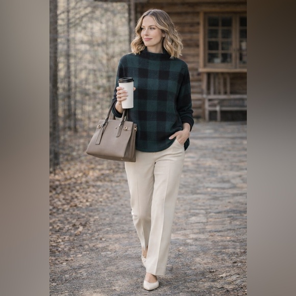 Anne Klein Buffalo Plaid Sweater Mock Neck Green Black Knit Top Size L - Picture 7 of 7